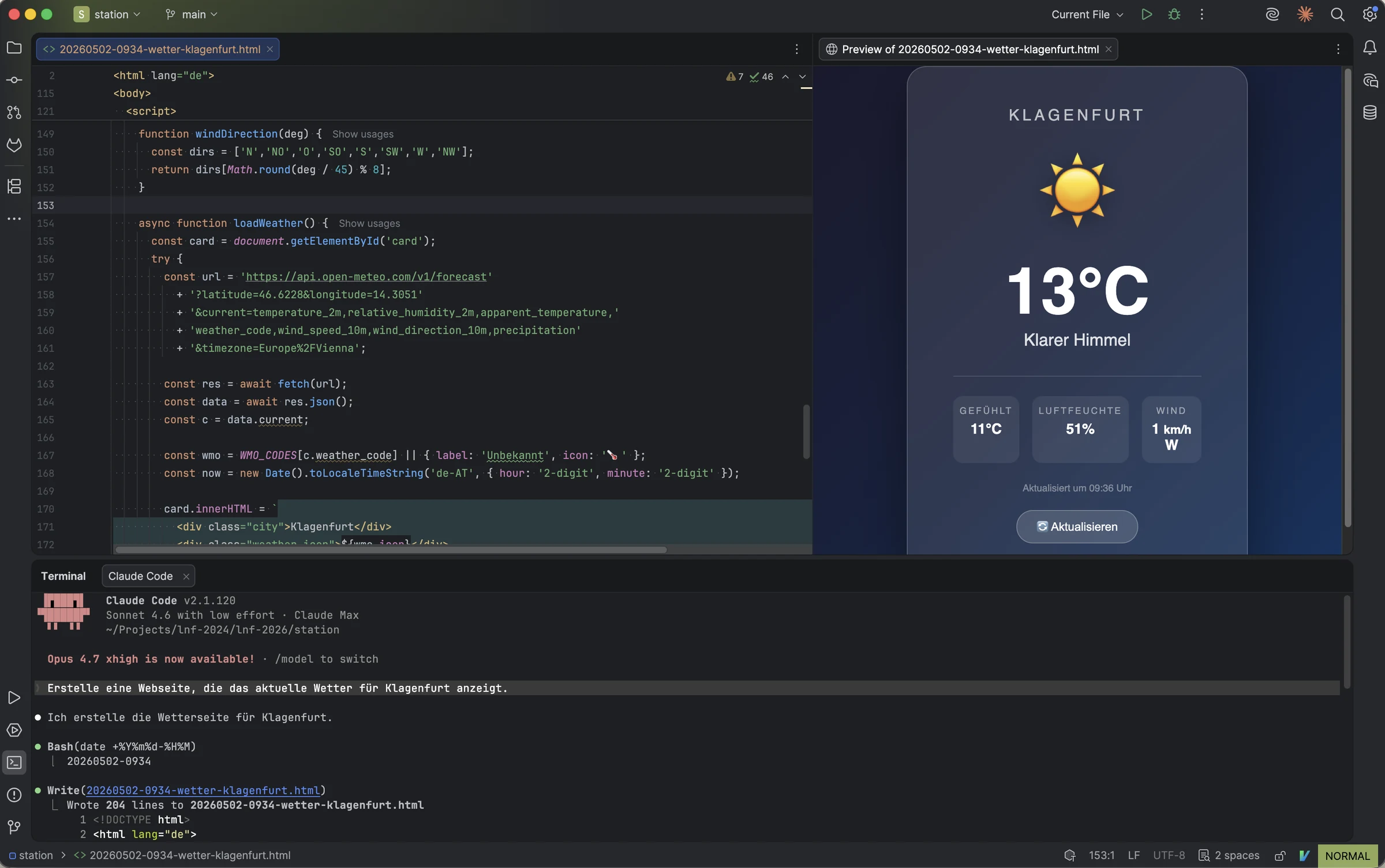Eine Entwicklungsumgebung mit WebStorm und Claude Code links und einer Live-Vorschau einer Wetter-Webseite rechts.